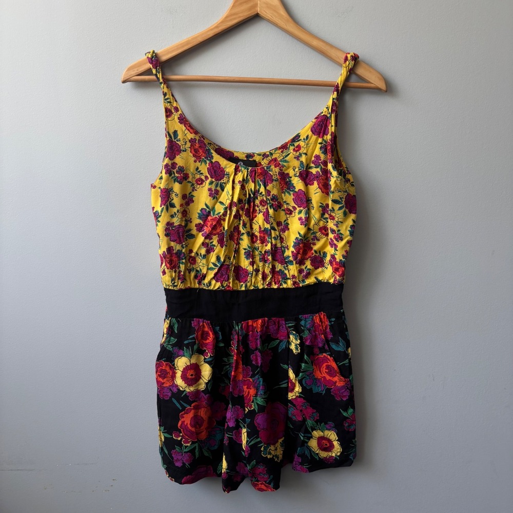 Angie Floral Romper Small Boho Rayon Sleeveless Pocket Jumpsuit